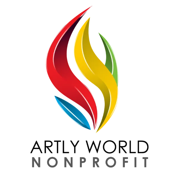 Artly World logo, a flame formed from red, gold, green, and blue brushstrokes above the words Artly World Nonprofit
