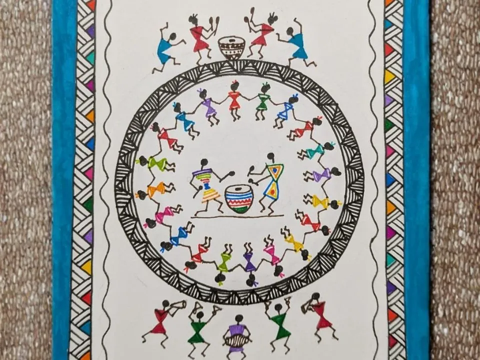 A colorful folk art drawing of dancers circling a pair playing drums