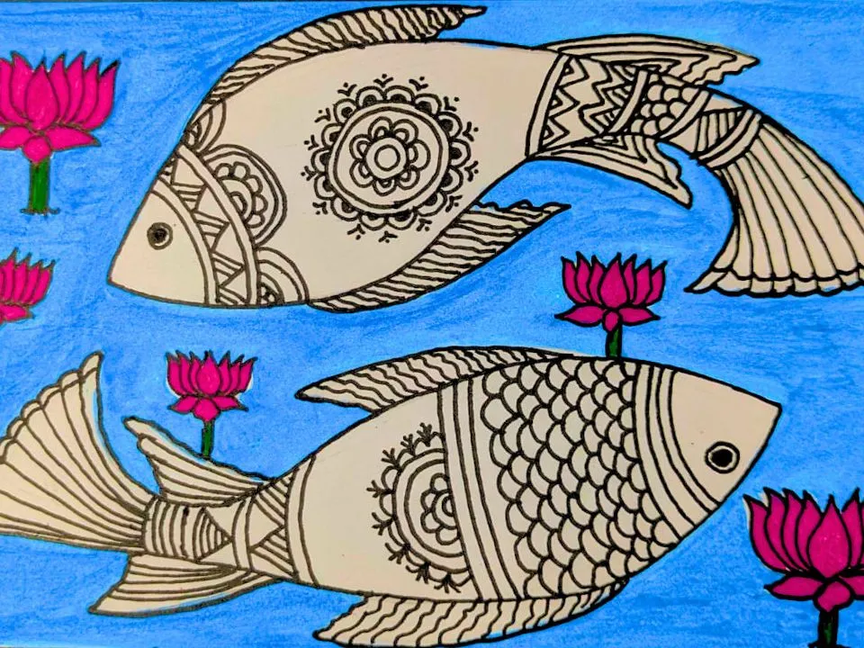 An ink and colored pencil drawing of two ornately patterned fish among lotus blossoms